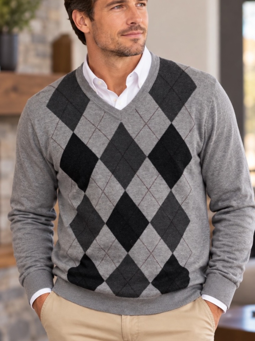 Sebastian Cooper V-Neck Sweater Mens Size Large Gray Argyle Print Preppy